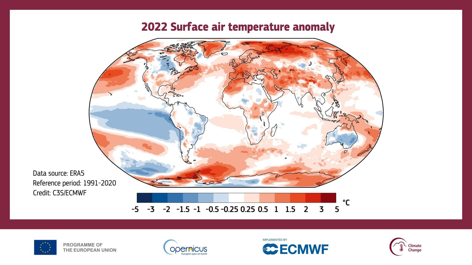 Ð¡ÑÐ°Ð²Ð½ÐµÐ½Ð¸Ðµ ÑÑÐµÐ´Ð½ÐµÐ³Ð¾Ð´Ð¾Ð²Ð¾Ð¹ ÑÐµÐ¼Ð¿ÐµÑÐ°ÑÑÑÑ Ð² 2022 Ð³Ð¾Ð´Ñ Ð¸ Ð² Ð±Ð°Ð·Ð¾Ð²Ð¾Ð¼ Ð¿ÐµÑÐ¸Ð¾Ð´Ðµ 1991â2020 Ð³Ð¾Ð´Ð¾Ð². ÐÐ·Ð¾Ð±ÑÐ°Ð¶ÐµÐ½Ð¸Ðµ: C3S, ECMWF